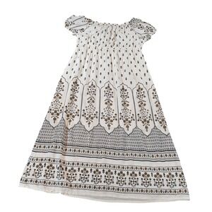 Lapogee Peasant Midi Dress Womens 3X White Floral Block Print Boho Smocked Waist